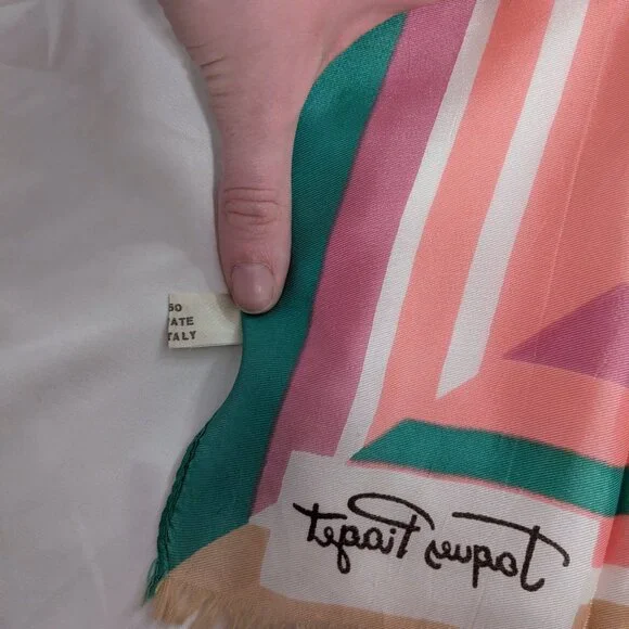 vintage green pink cream jacques piaget neck scarf 13" x 67" striped fringe - Picture 6 of 6
